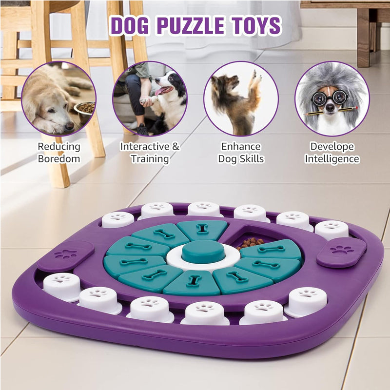 Purple and teal dog treat puzzle toy with circular bone compartments and paw-lid pieces
