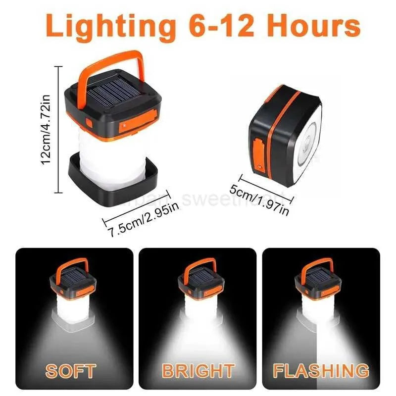Green and black solar camping lantern shown in three light modes: soft, bright, flashing
