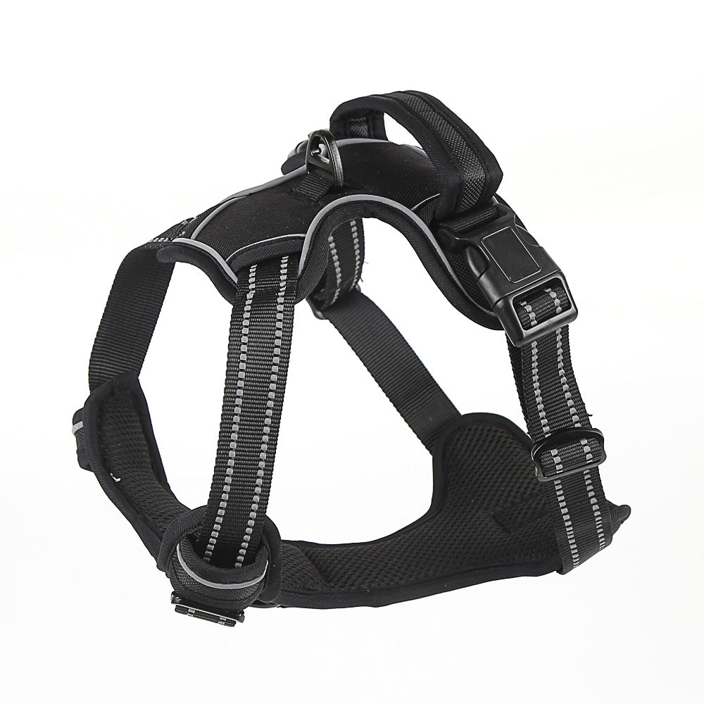 Black dog harness with reflective white stripes and two front buckle straps