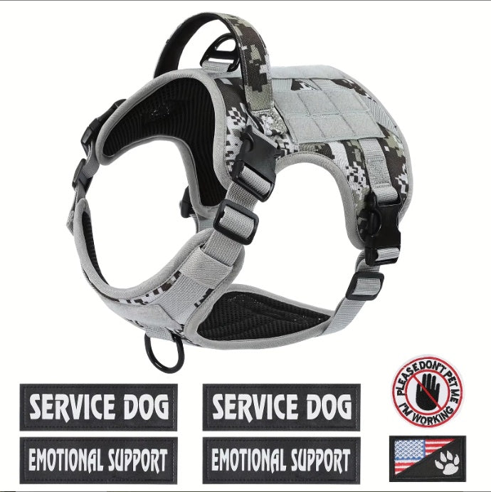 Gray camo tactical dog harness vest with adjustable straps and padded handle