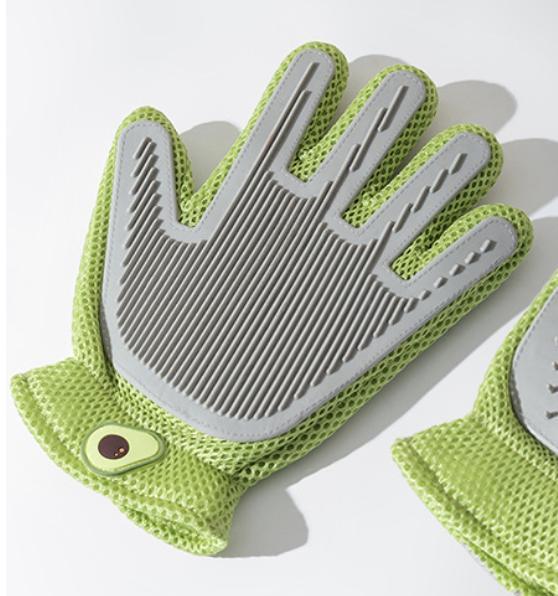 Green and gray pet grooming glove with silicone hair-removal nubs