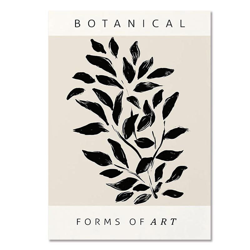 Framed botanical art poster reading “BOTANICAL FORMS OF ART” with leaf silhouette
