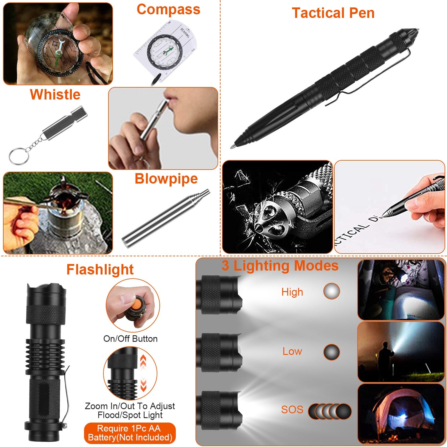 Compact emergency gear set: compass, whistle, tactical pen, and flashlight