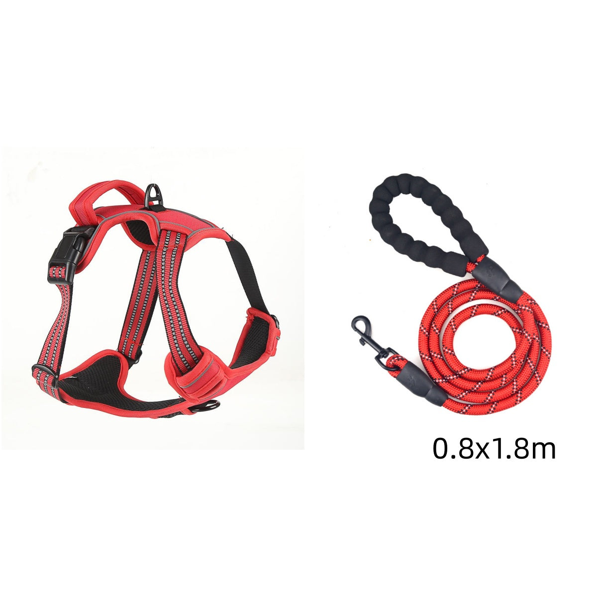 Red dog harness with reflective stripe webbing and braided leash set