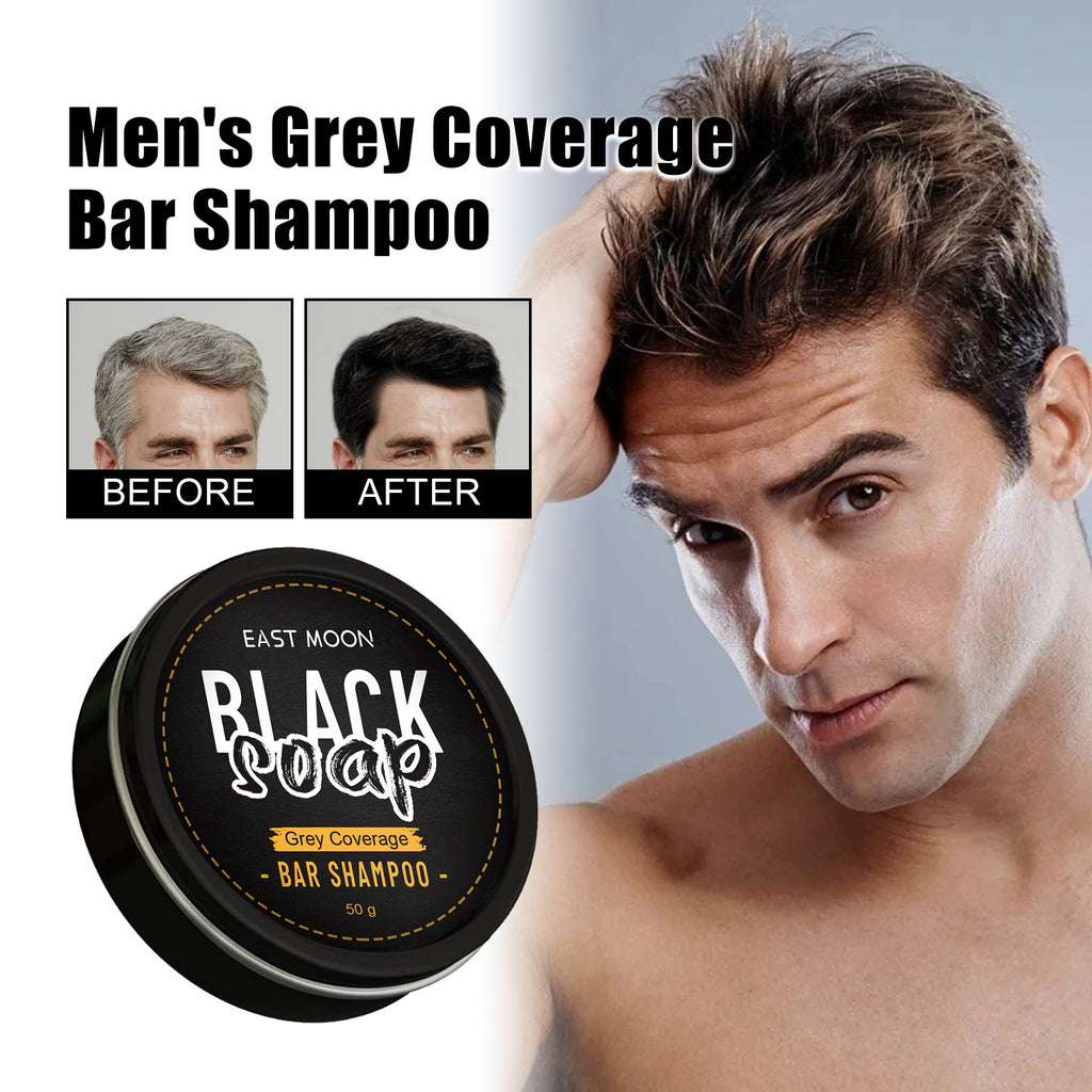 Grey coverage shampoo bar with black label, shown with man