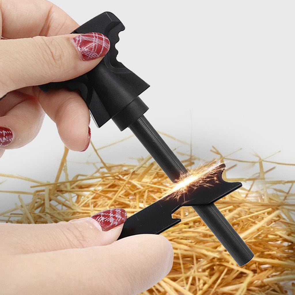 Black folding fire starter tool with sparking rod and metal trigger head