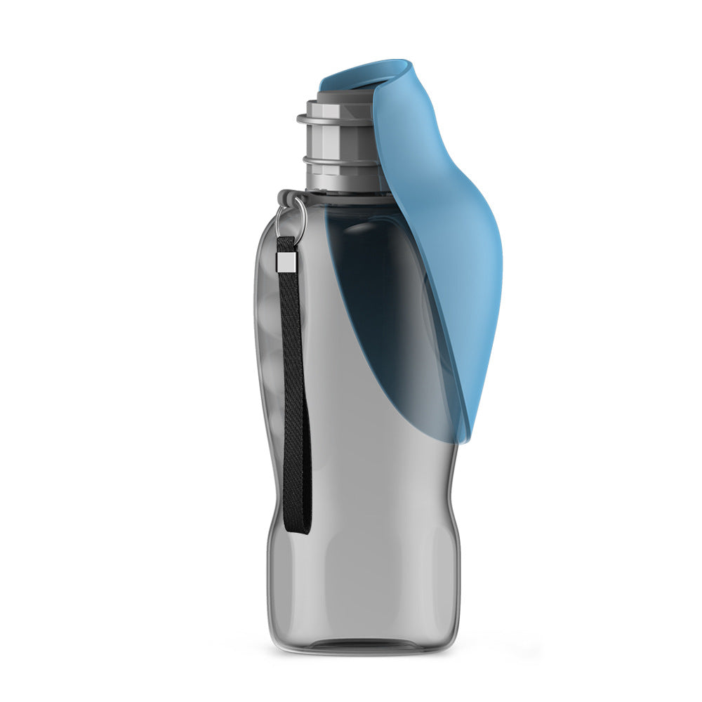 Foldable dog water bottle with integrated bowl, blue lid and gray body, with strap