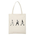 White canvas tote bag with three black line-art fashion figures