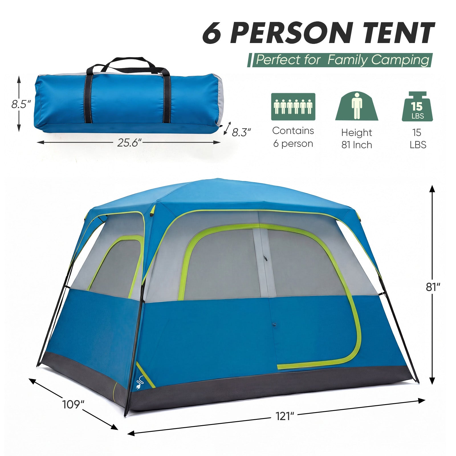 Blue 6-person camping tent with lime-trimmed doors and included storage bag