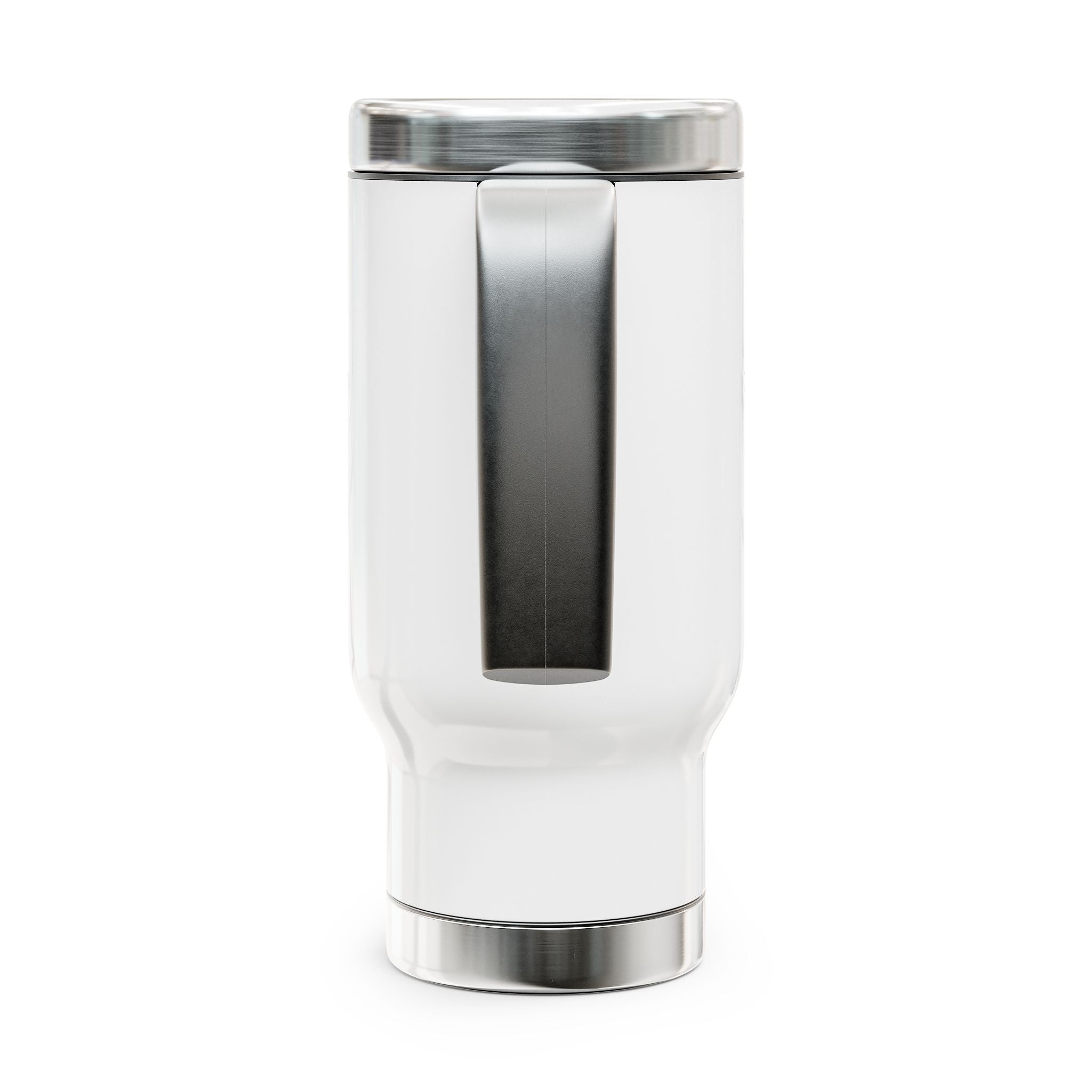 White travel mug with stainless steel rim and black side panel, insulated body