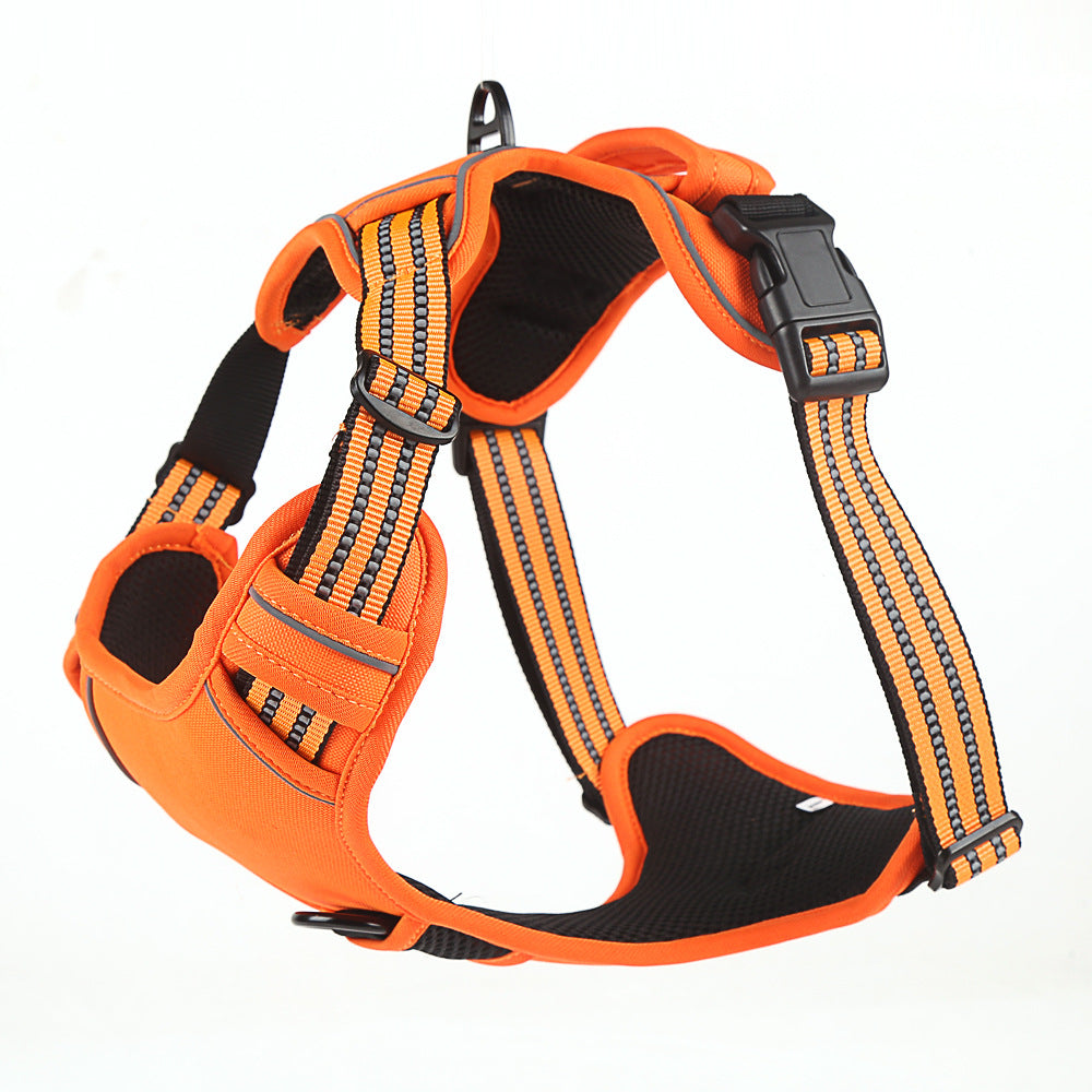 Orange and black dog harness vest with reflective white stripe webbing