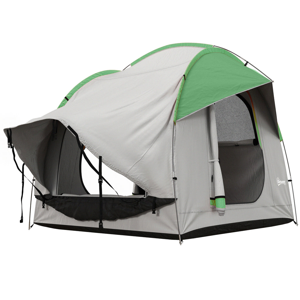 Gray and green car tent with two open side panels and mesh window