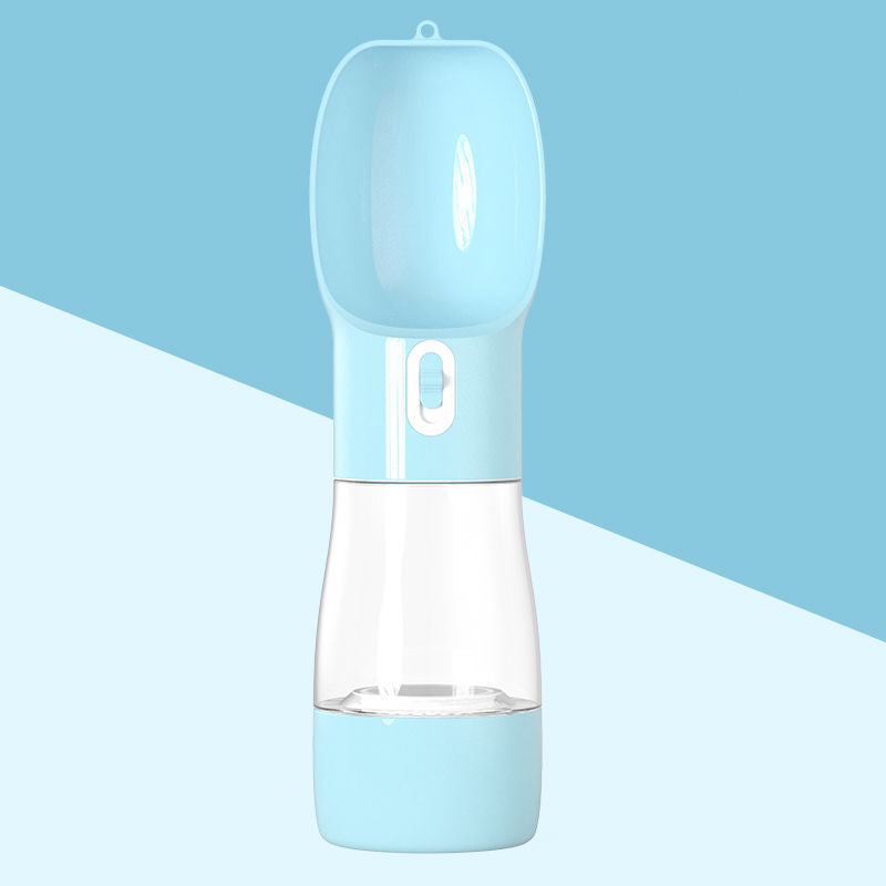 2-in-1 portable pet water and food dispenser in light blue with clear water cup