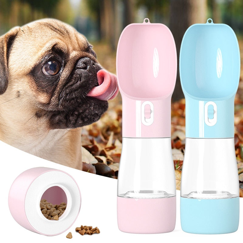 2-in-1 portable pet water and food dispenser set, pink and blue bottles with feeding cup