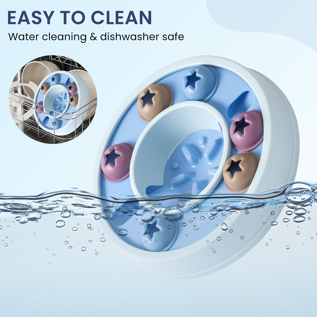 Blue puzzle slow-feeder tray with star and bone compartments, with water droplets