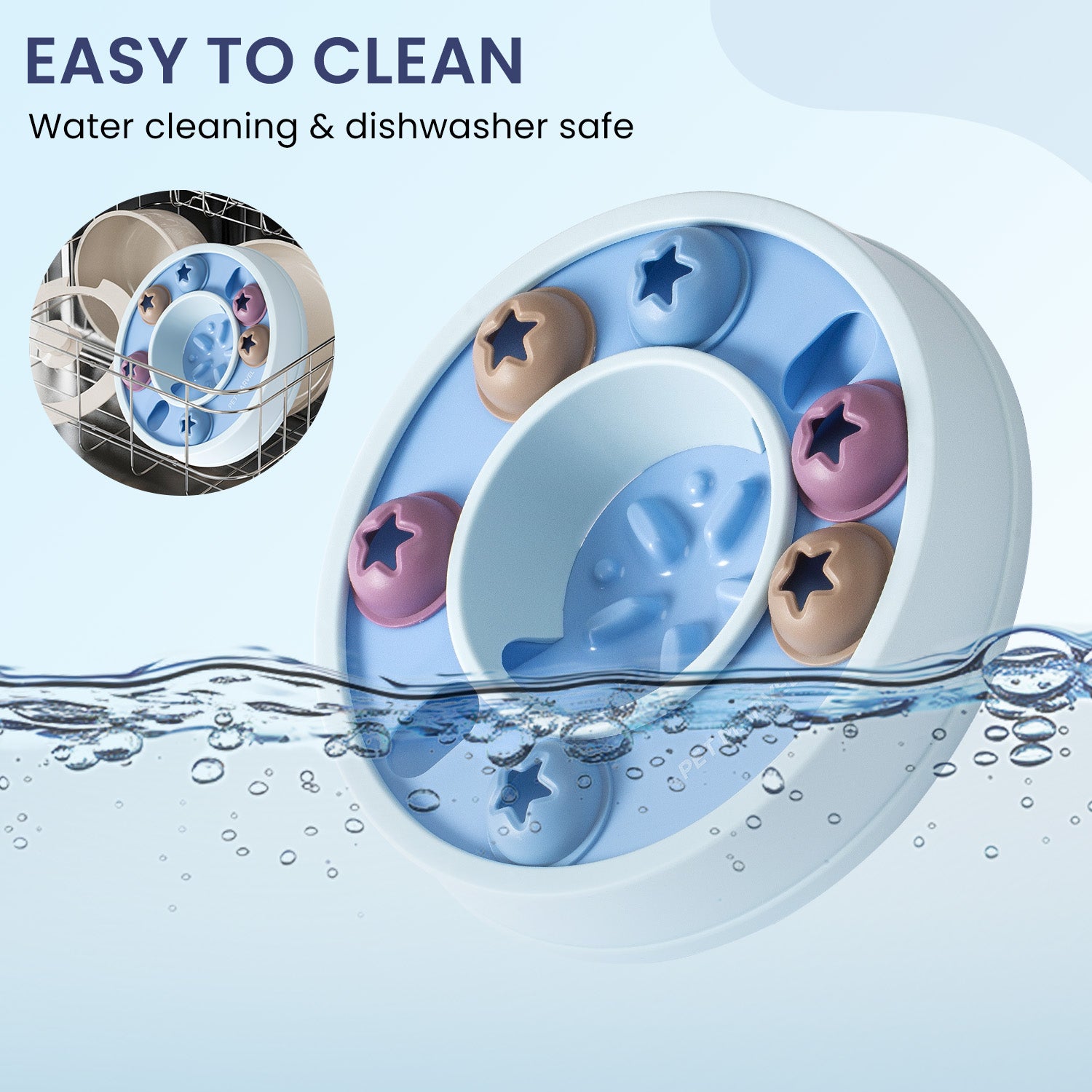 Blue puzzle slow-feeder tray with star and bone compartments, with water droplets