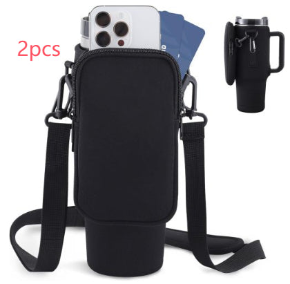 Neoprene tumbler holder bag with zip front pocket and adjustable strap, black