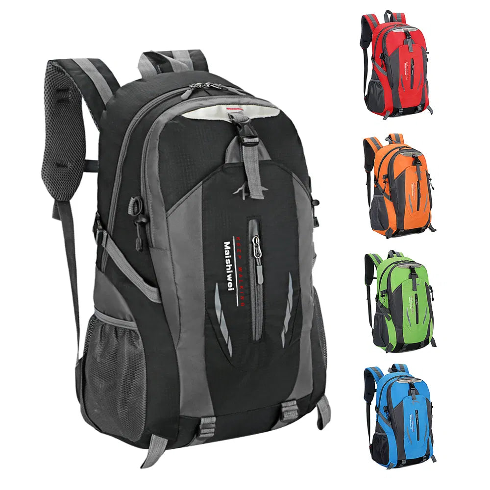 Black hiking daypack with gray panels, front zip pocket, adjustable shoulder straps
