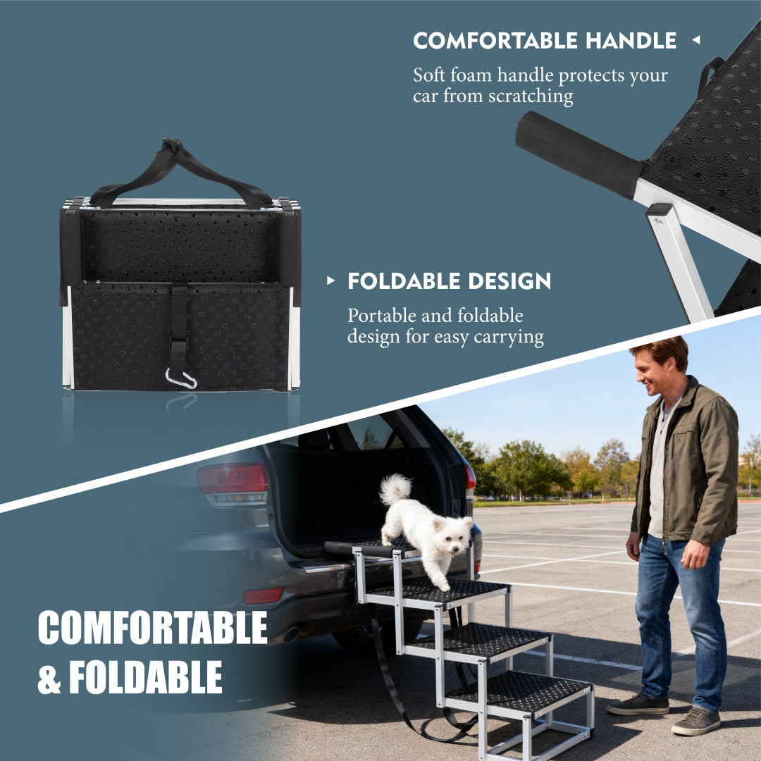 Foldable dog ramp with padded carry handle and compact storage bag