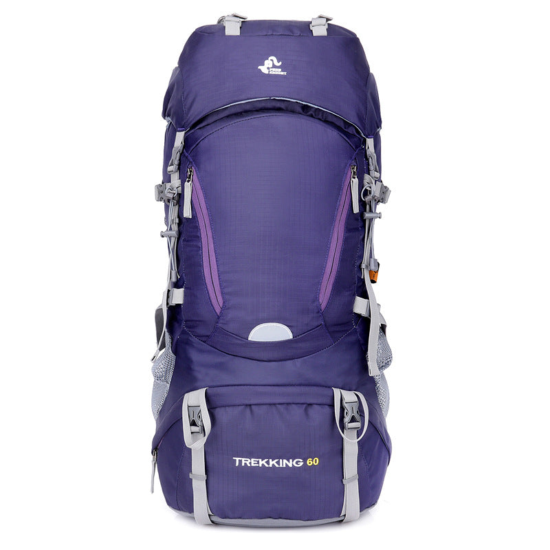 Purple hiking backpack with front pocket, oval vent panel, and side carry straps
