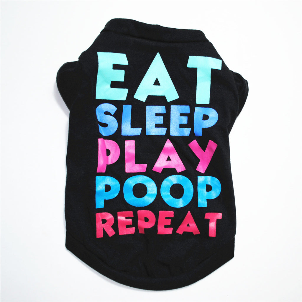 Black dog vest with colorful Eat Sleep Play Poop Repeat print