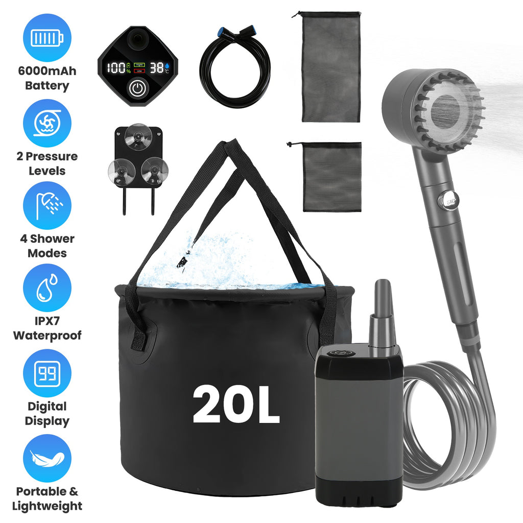 Portable outdoor shower kit with 20L bucket, handheld shower head, hoses, and filter bags