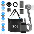 Portable outdoor shower kit with 20L bucket, handheld shower head, hoses, and filter bags