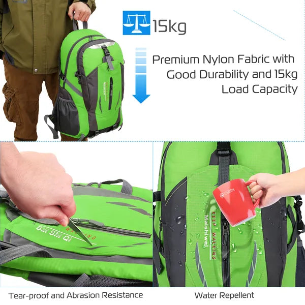 Green and black hiking backpack with front panel straps and top carry handle