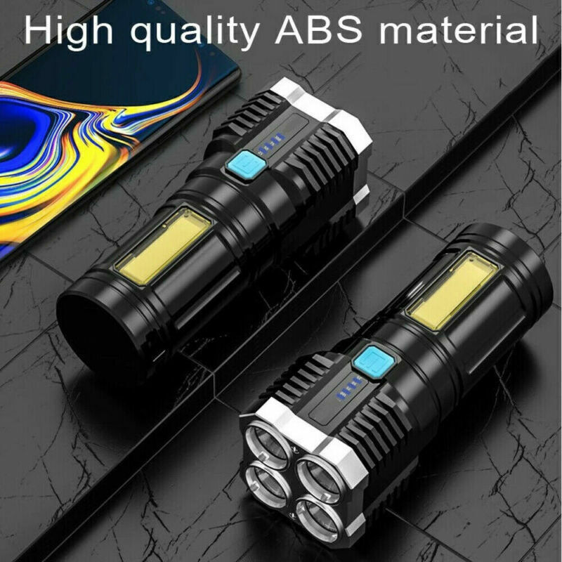 Two black tactical flashlights with illuminated control screens on top panels