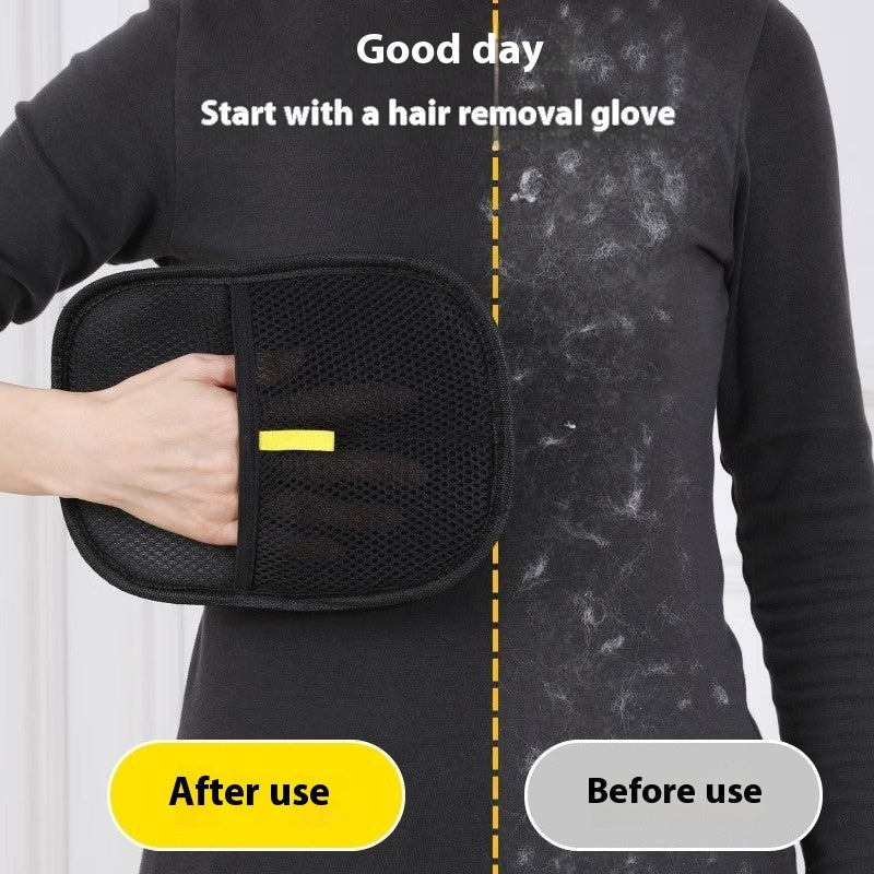 Pet deshedding glove with black mesh pad and yellow label shown beside hair residue