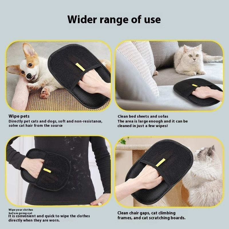 Pet hair remover grooming glove held in hand with black mesh brushing surface