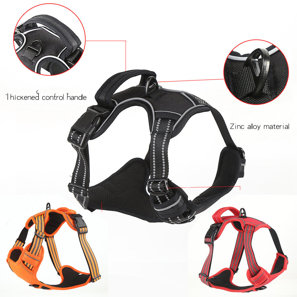 Dog harness bundle showing black harness, orange harness, and red harness angles