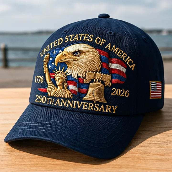Navy baseball cap with embroidered eagle and 250th Anniversary, with side flag patch