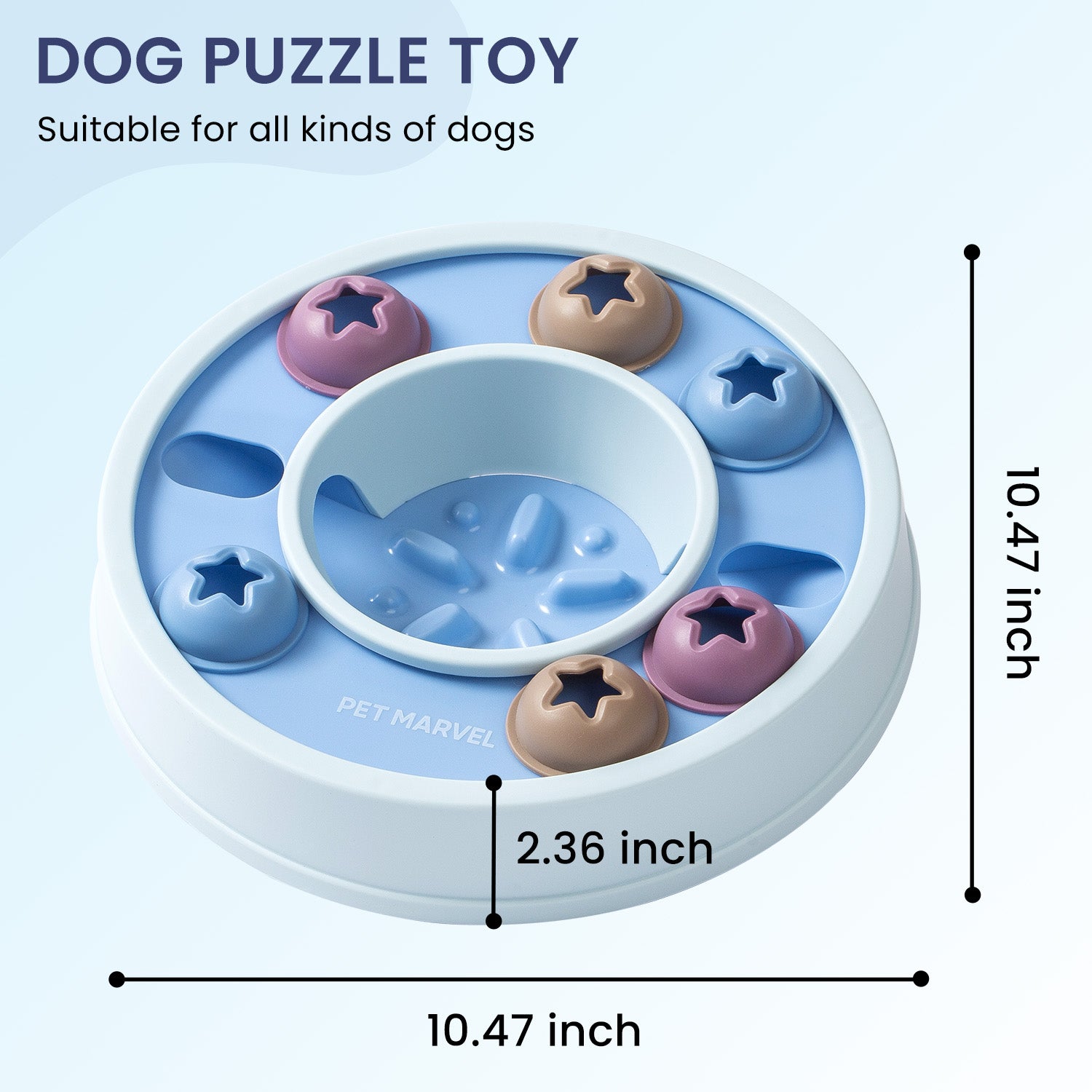 Round blue dog puzzle slow feeder with paw insert and star/bone treat wells