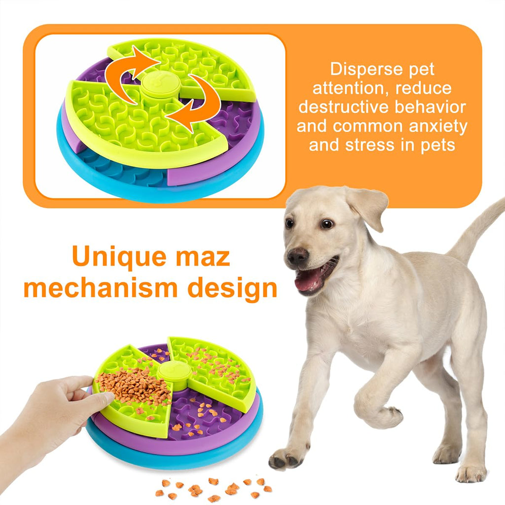 Green slow feeder puzzle bowl with purple and blue maze compartments and turn wheel