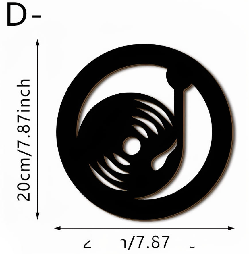 Round wooden wall plaque with swirl music note icon, 20cm size shown