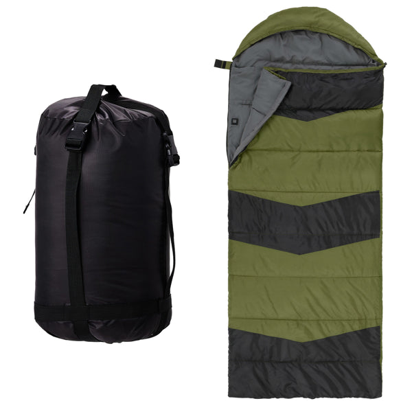 Heated sleeping bag and matching carry bag, olive and dark gray with straps