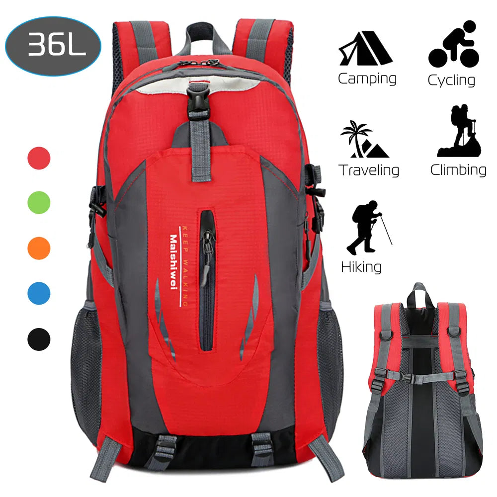 Red and black hiking daypack with front zip pocket, adjustable shoulder straps, padded back