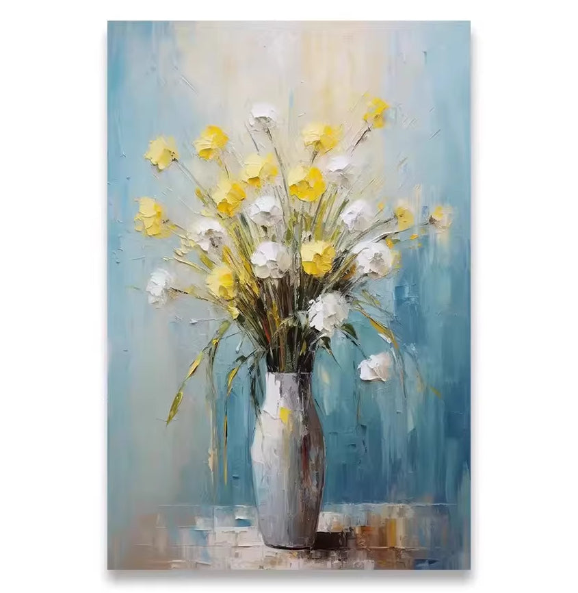 Canvas wall poster with yellow and white flowers in a vase with brushstrokes