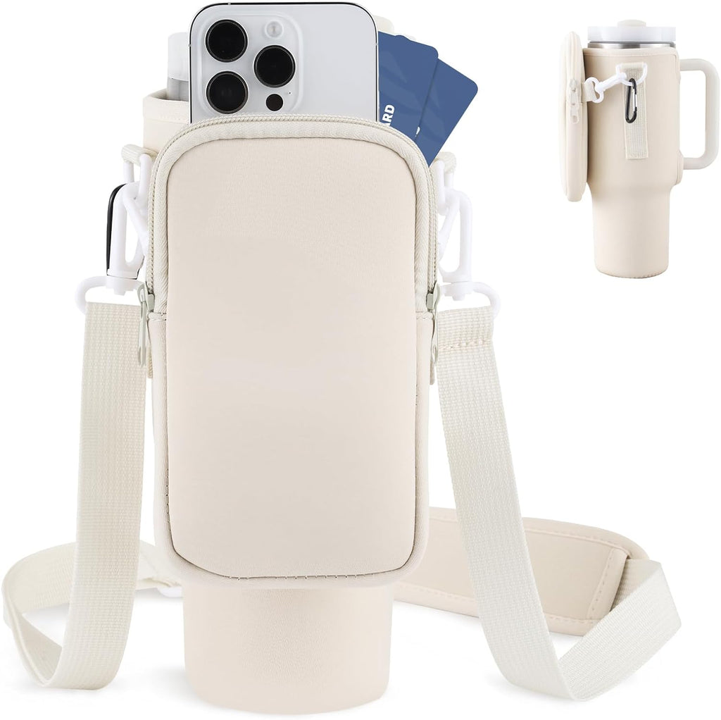 Neoprene tumbler holder bag with zip front pocket and adjustable strap, cream beige