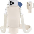 Neoprene tumbler holder bag with zip front pocket and adjustable strap, cream beige