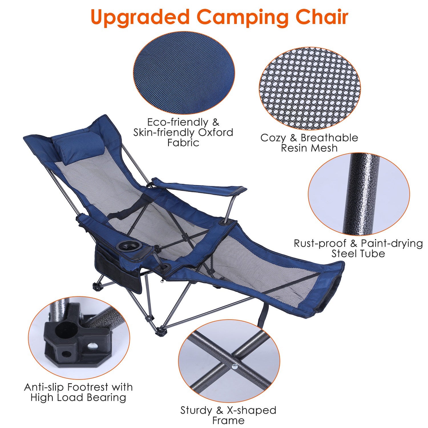 Blue folding recliner chair with padded headrest, mesh seat, and sturdy steel frame