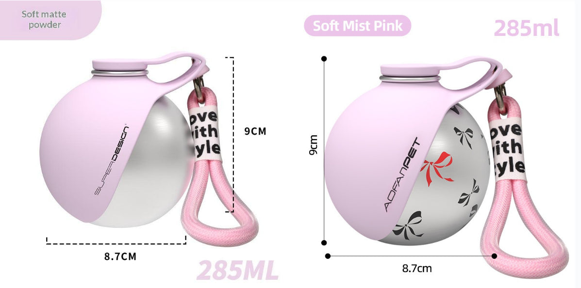 Soft mist pink stainless steel pet water cup with handle, waste bag dispenser, and size markings.