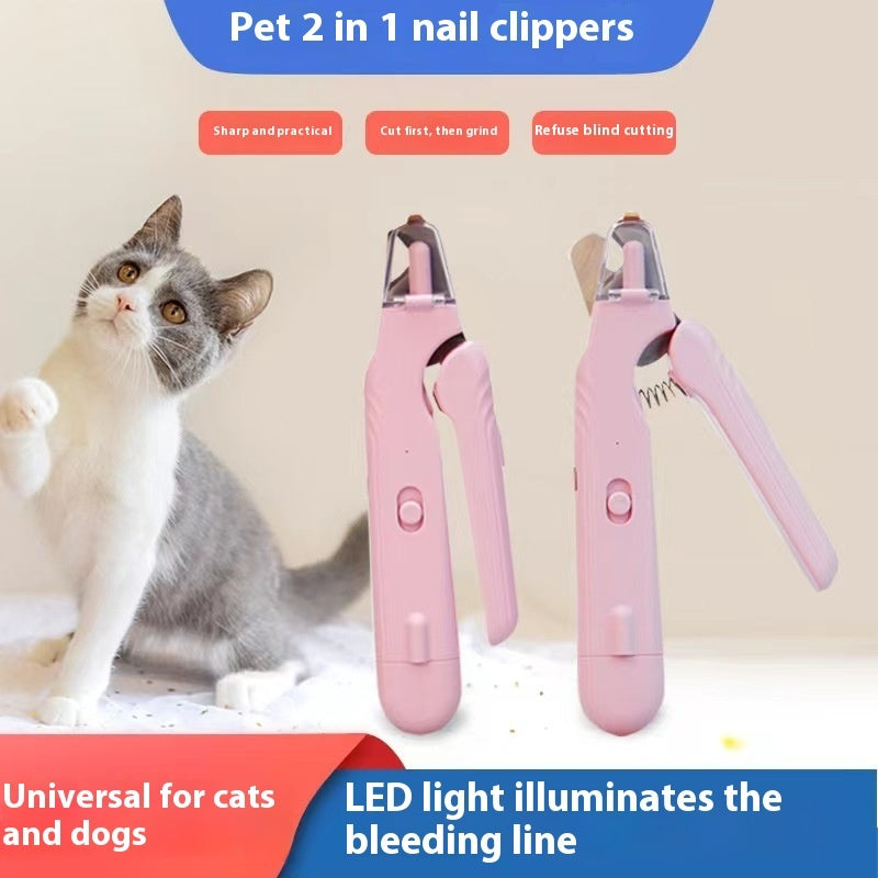 Pink 2-in-1 pet nail clipper with LED window, hand grip, and curved grinding arm