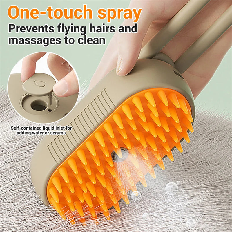 Milk brown spray pet grooming brush head with orange bristles and water inlet