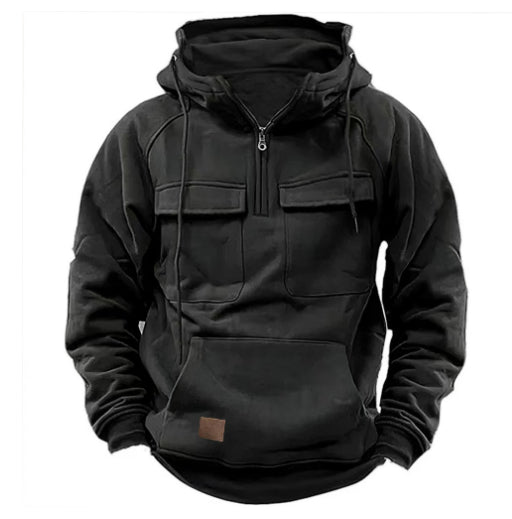 Black zip-up hoodie with hood and front zip, flap chest pockets, kangaroo pocket patch