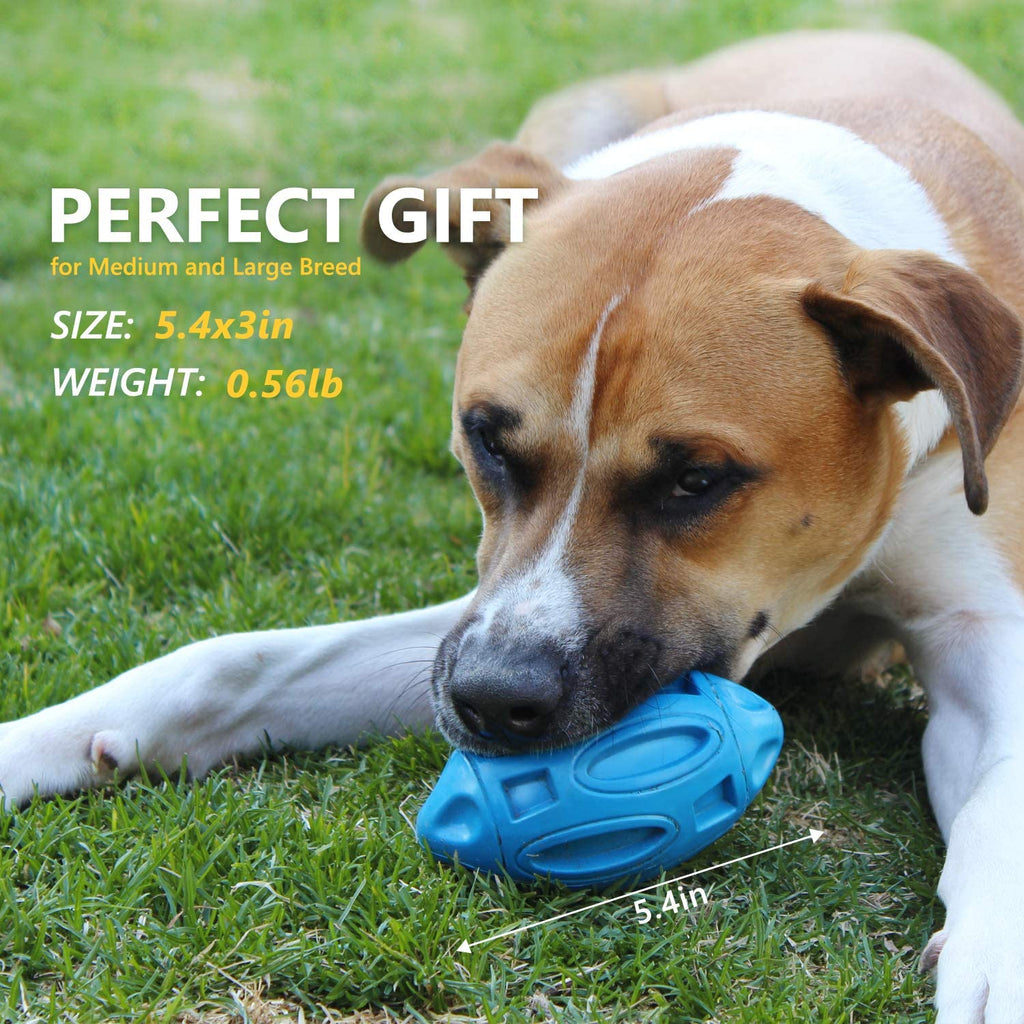 Blue squeaky rubber rugby dog toy ball with textured grips, held in a dog’s mouth