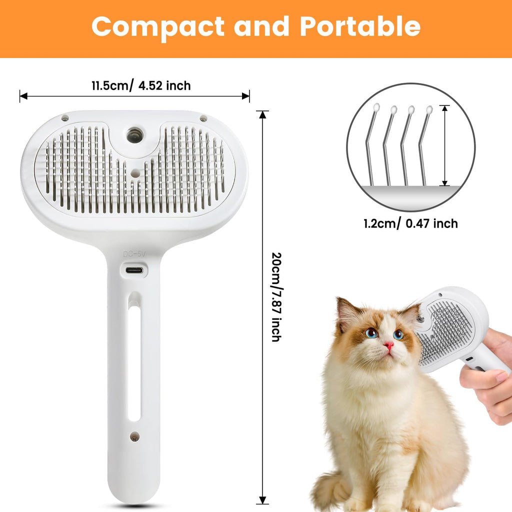 White pet steam spray brush with rounded bristle head and grip handle