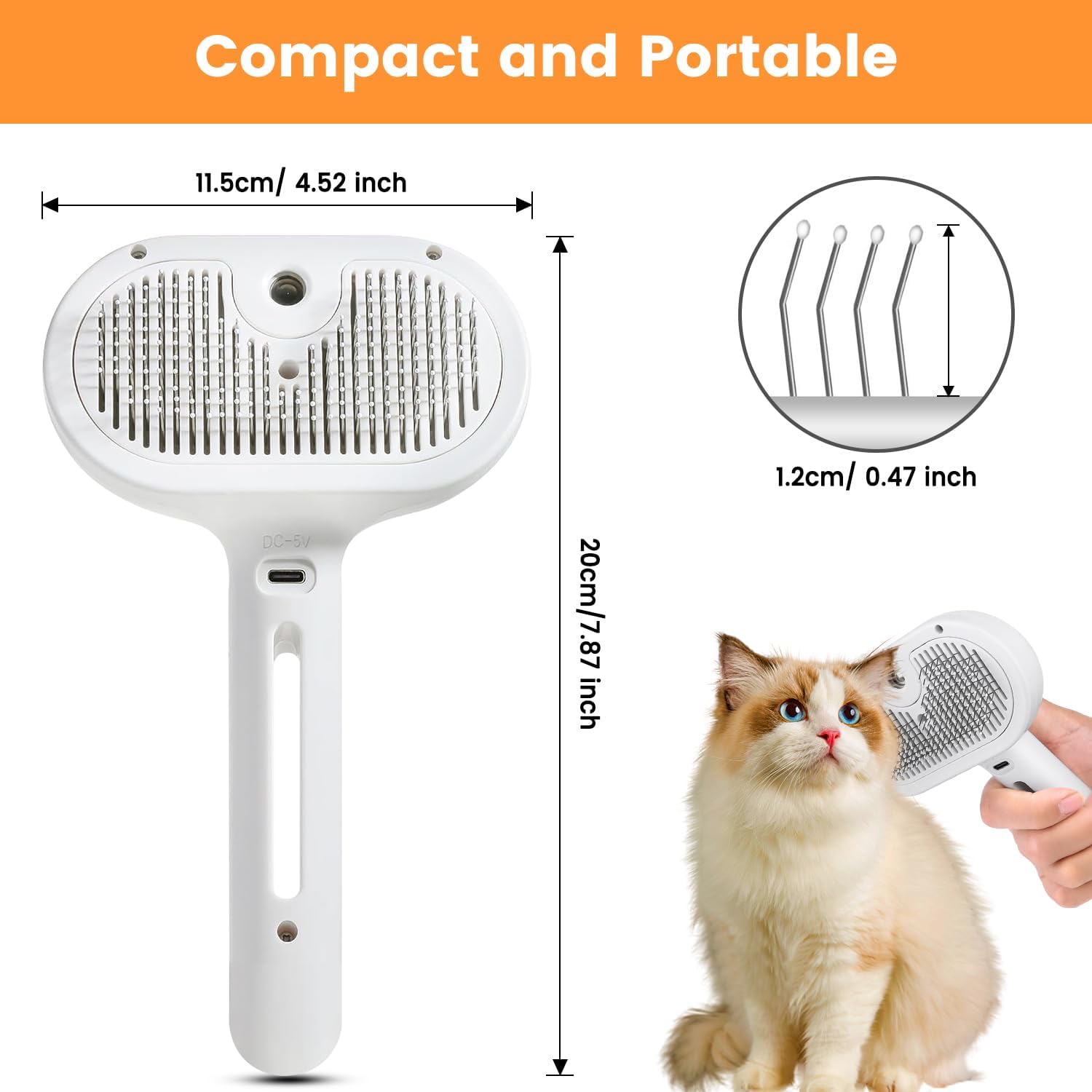 White pet steam spray brush with rounded bristle head and grip handle
