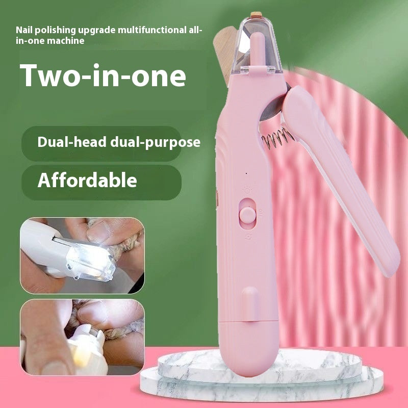 Pink 2-in-1 pet nail clipper and grinder with LED window, transparent head, and handle